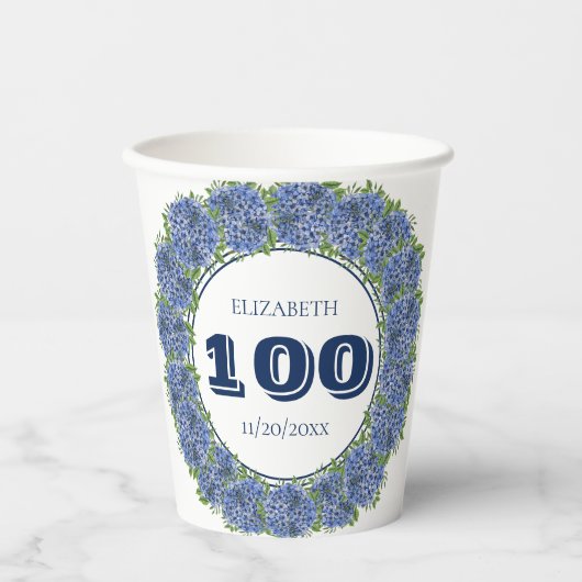 Elegant Floral Blue Hydrangea 100th Birthday Party Papieren Bekers (Voorkant)