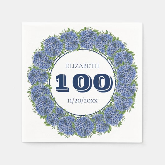Elegant Floral Blue Hydrangea 100th Birthday Party Servet (Voorkant)
