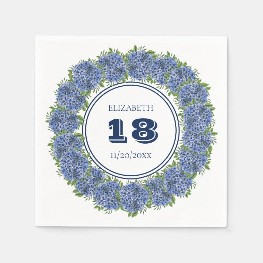 Elegant Floral Blue Hydrangea 18th Birthday Party Servet (Voorkant)