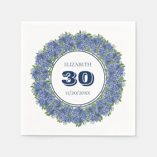 Elegant Floral Blue Hydrangea 30th Birthday Party Servet (Voorkant)