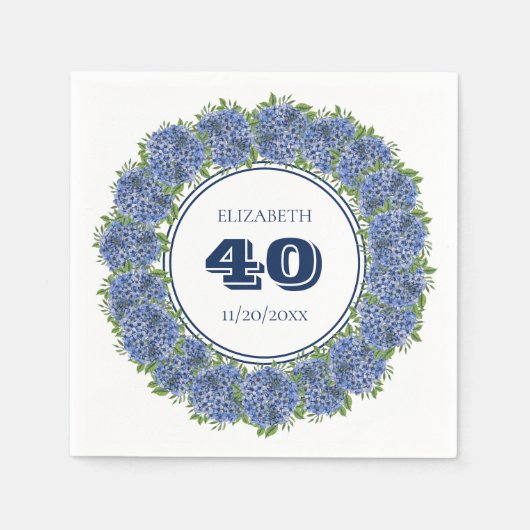 Elegant Floral Blue Hydrangea 40th Birthday Party Servet (Voorkant)