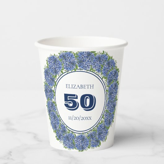 Elegant Floral Blue Hydrangea 50th Birthday Party Papieren Bekers (Voorkant)
