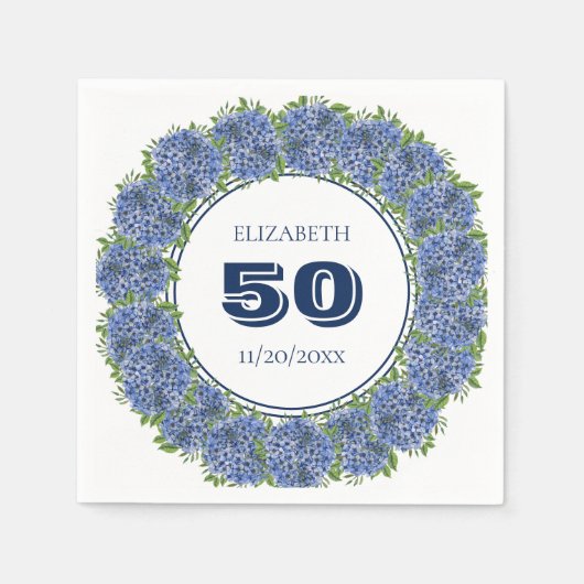 Elegant Floral Blue Hydrangea 50th Birthday Party Servet (Voorkant)