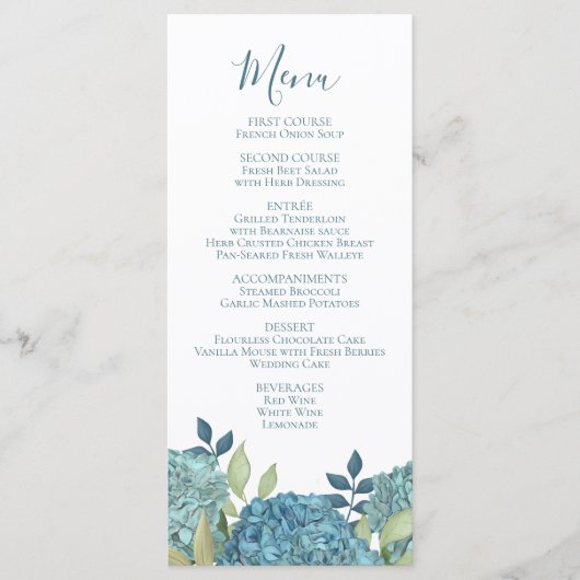Elegant Floral Blue Hydrangea Flowers Buffet Menu (Voorkant)