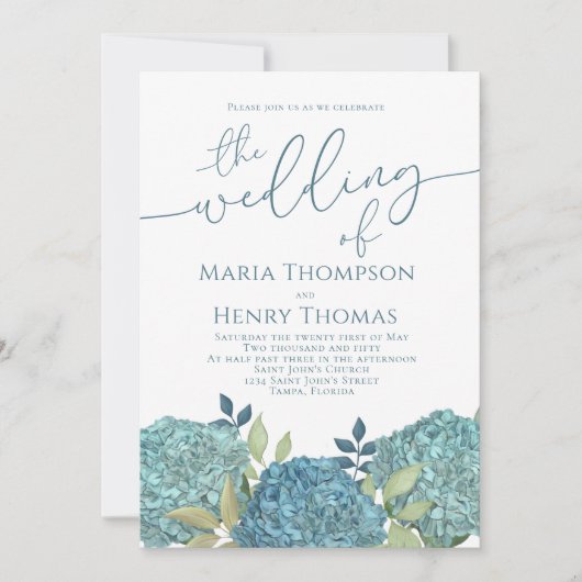 Elegant Floral Blue Hydrangea Foliage Calligraphy Kaart (Voorkant)