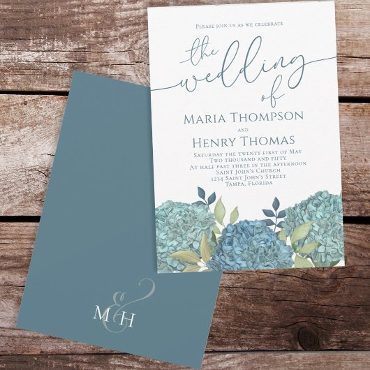 Elegant Floral Blue Hydrangea Foliage Calligraphy Kaart
