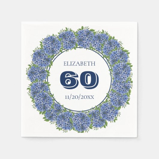 Elegant Floral Blue Hydrangeas 60th Birthday Party Servet (Voorkant)