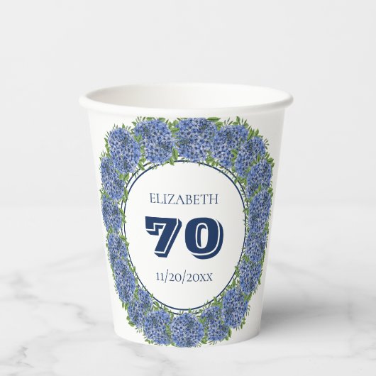 Elegant Floral Blue Hydrangeas 70th Birthday Party Papieren Bekers (Voorkant)