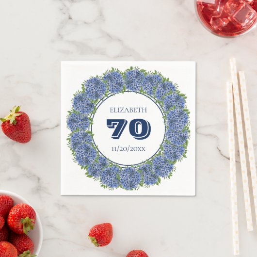 Elegant Floral Blue Hydrangeas 70th Birthday Party Servet (Insitu)