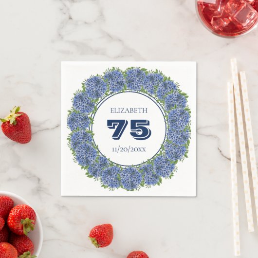 Elegant Floral Blue Hydrangeas 75th Birthday Party Servet (Insitu)