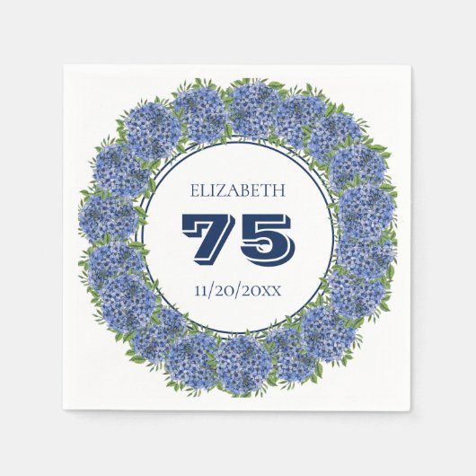 Elegant Floral Blue Hydrangeas 75th Birthday Party Servet (Voorkant)