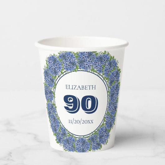 Elegant Floral Blue Hydrangeas 90th Birthday Party Papieren Bekers (Voorkant)