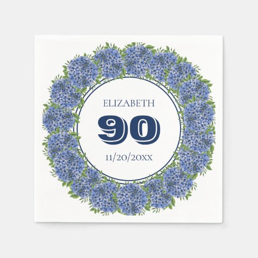 Elegant Floral Blue Hydrangeas 90th Birthday Party Servet (Voorkant)