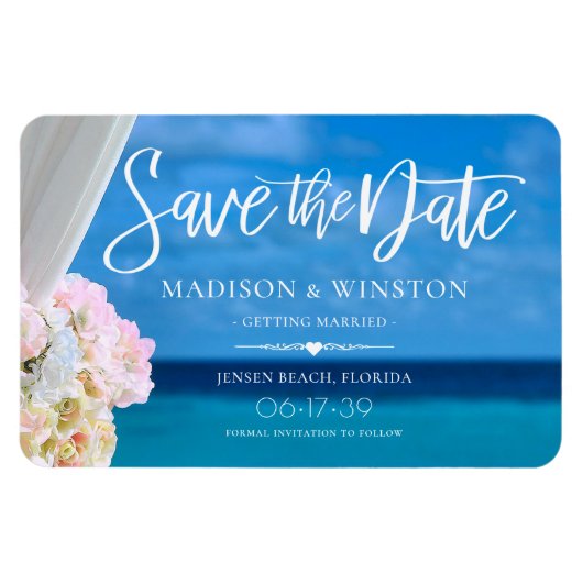 Elegant Floral Blue Ocean Beach Save the Date Magn Magneet (Horizontaal)