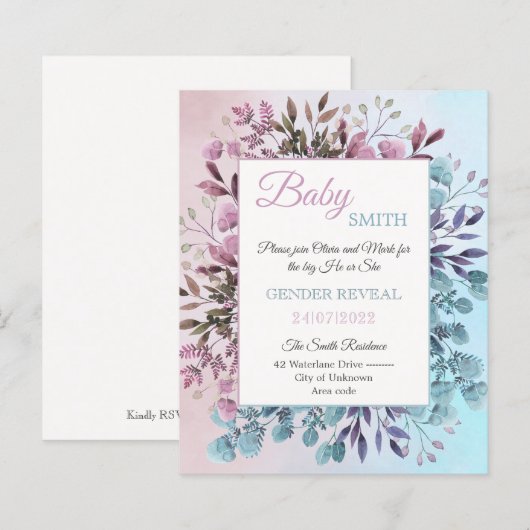 Elegant Floral Blue Pink gender onthult uitnodigin (Voorkant / Achterkant)