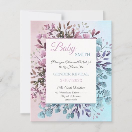 Elegant Floral Blue Pink gender onthult uitnodigin (Voorkant)