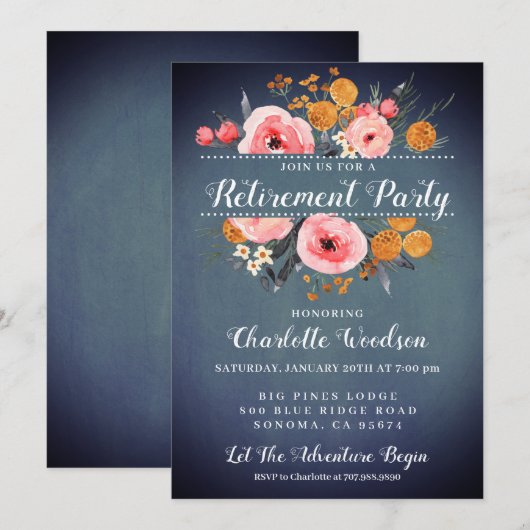 Elegant Floral Blue Retirement Party Invitation Kaart (Voorkant / Achterkant)