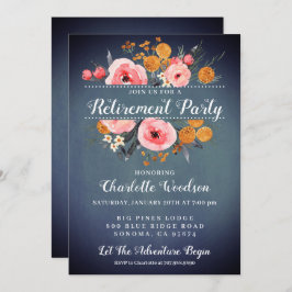 Elegant Floral Blue Retirement Party Invitation Kaart