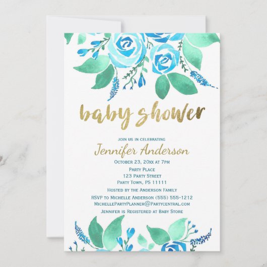 Elegant Floral Blue Roos Waterverf Baby shower Kaart (Voorkant)