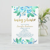 Elegant Floral Blue Roos Waterverf Baby shower Kaart (Staand voorkant)