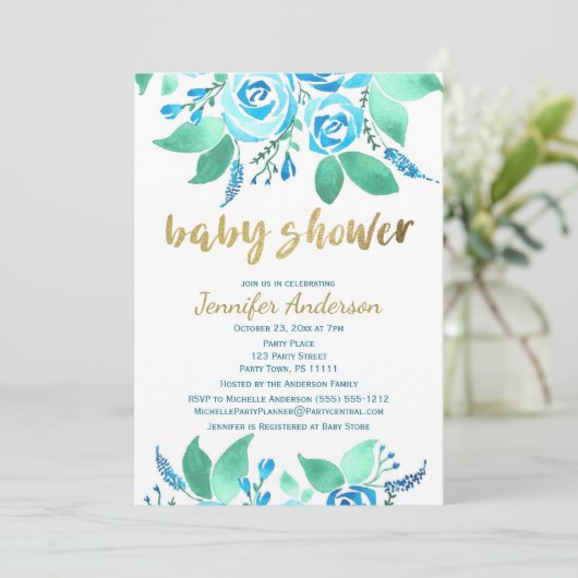 Elegant Floral Blue Roos Waterverf Baby shower Kaart (Staand voorkant)