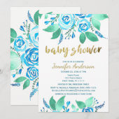 Elegant Floral Blue Roos Waterverf Baby shower Kaart (Voorkant / Achterkant)