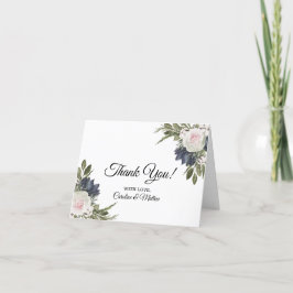 Elegant Floral Blue, roze bruiloft Hartelijk dank Bedankkaart