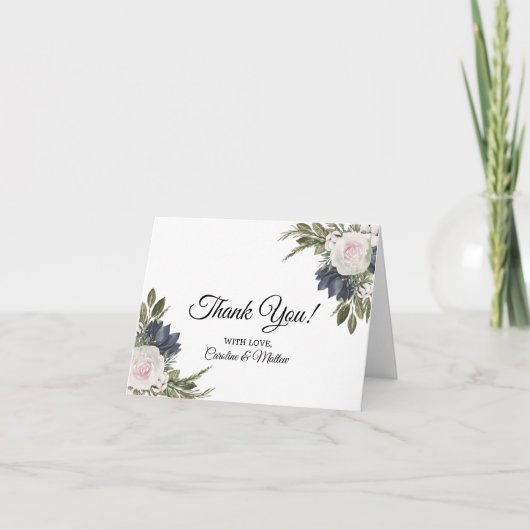 Elegant Floral Blue, roze bruiloft Hartelijk dank Bedankkaart (Voorkant)