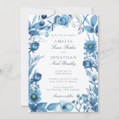 Elegant Floral Blue Wedding Kaart (Voorkant)