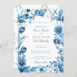 Elegant Floral Blue Wedding Kaart