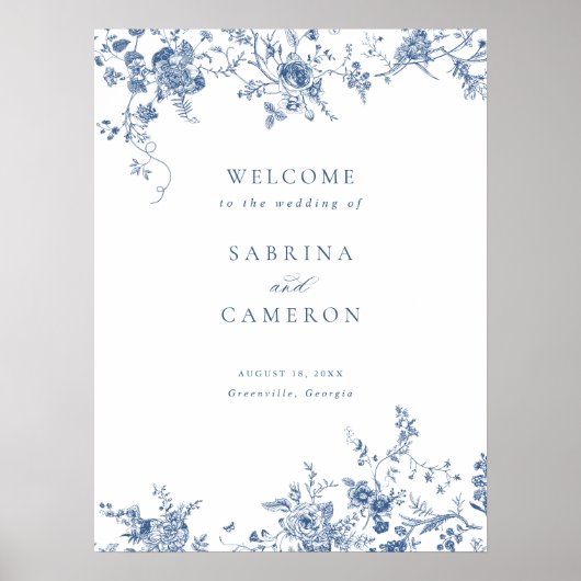 Elegant Floral  Blue Wedding Welcome Sign Poster (Voorkant)