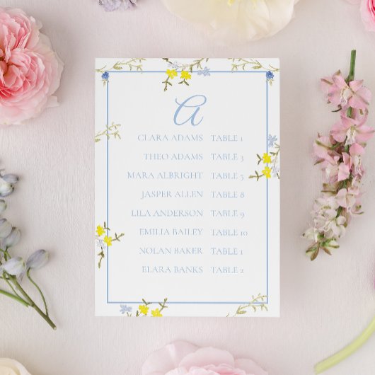 Elegant Floral Blue & Yellow Wedding Seating Card Kaart