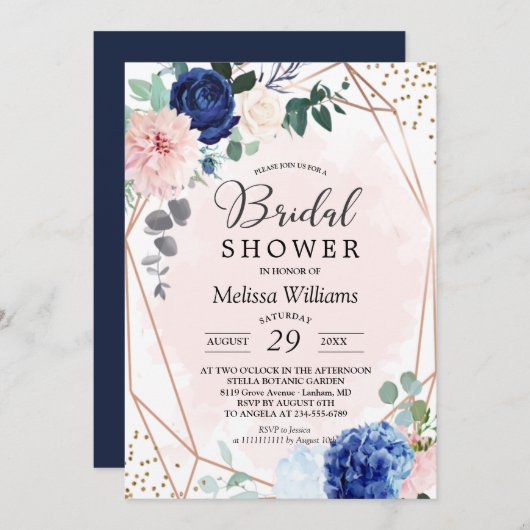 Elegant Floral Blush Bridal Shower Invitation Kaart (Voorkant / Achterkant)