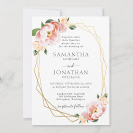 Elegant Floral Blush Peach Gold Geometric Wedding Kaart