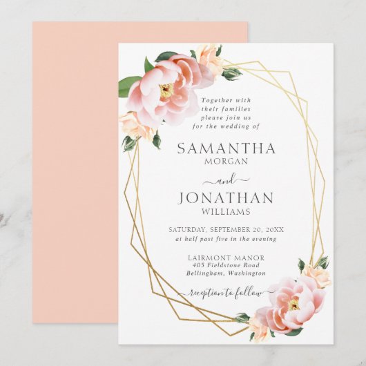 Elegant Floral Blush Peach Gold Geometric Wedding Kaart (Voorkant / Achterkant)