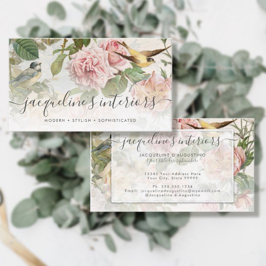 Elegant Floral Blush Pink  Birds Rozen Busi Visitekaartje