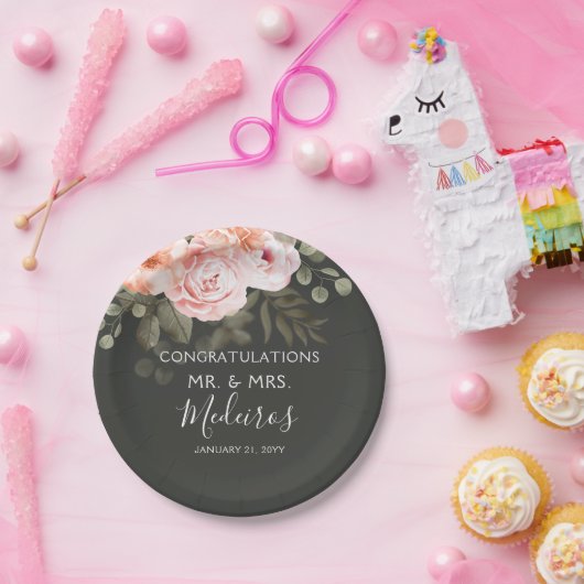 Elegant Floral Blush Pink Botanical Modern Wedding Papieren Bordje (Feest)