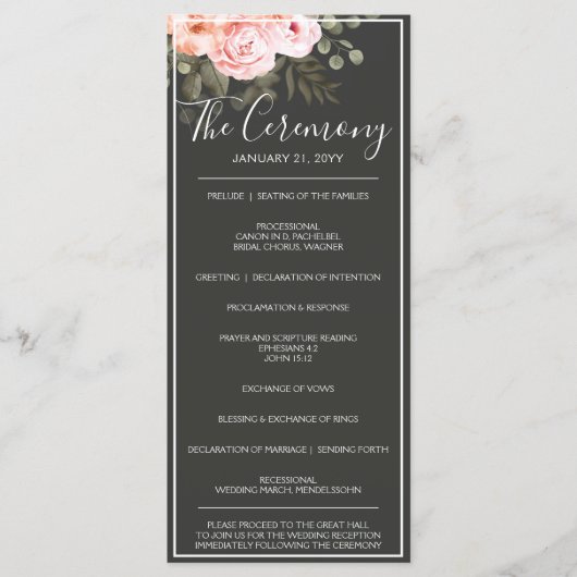 Elegant Floral Blush Pink Botanical Modern Wedding Programmakaart (Voorkant)