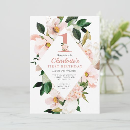 Elegant Floral Blush Pink First Birthday Kaart (Staand voorkant)