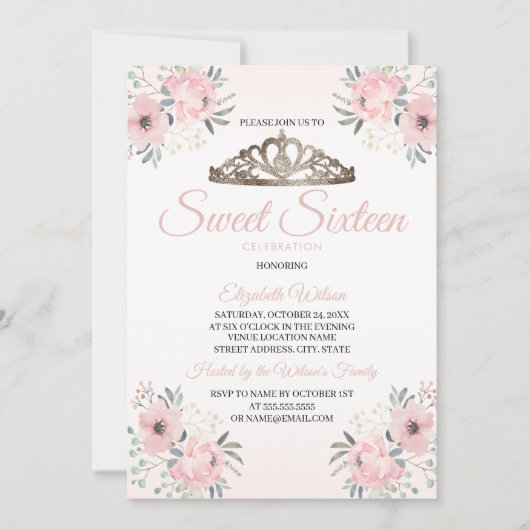 Elegant Floral Blush Pink Foto Sweet 16 Invitatio Kaart (Voorkant)