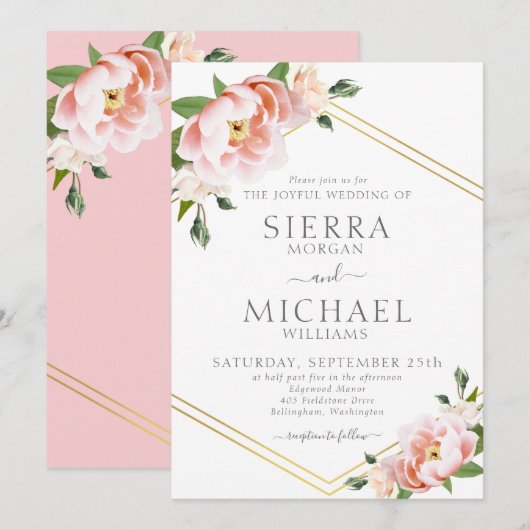 Elegant Floral Blush Pink Gold Geometric Wedding Kaart (Voorkant / Achterkant)