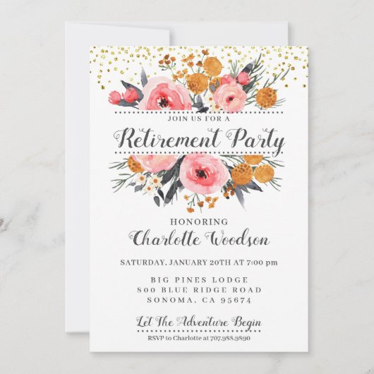 Elegant Floral Blush Pink Gold Retirement Party Kaart (Voorkant)