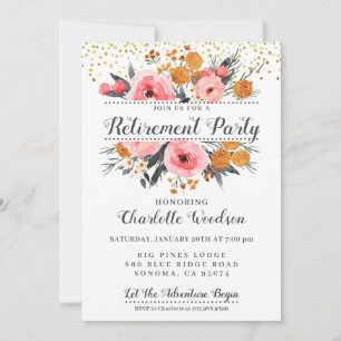 Elegant Floral Blush Pink Gold Retirement Party Kaart