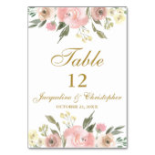 Elegant Floral Blush Pink Gold Script Table Number Kaart (Voorkant)