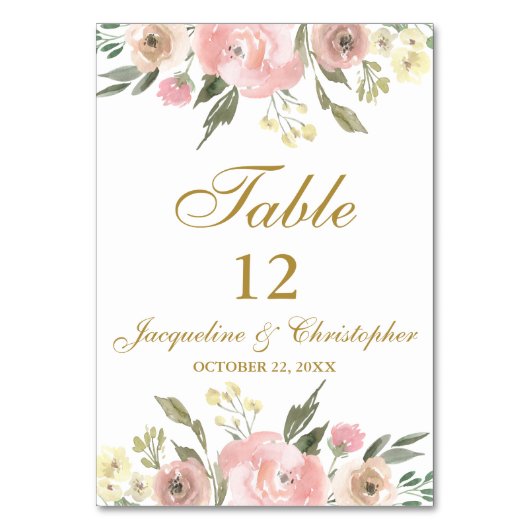 Elegant Floral Blush Pink Gold Script Table Number Kaart (Voorkant)