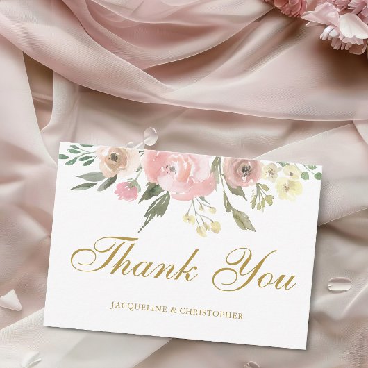 Elegant Floral Blush Pink Peony Gold Wedding Bedankkaart