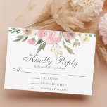 Elegant Floral Blush Pink Peony Wedding RSVP Kaartje<br><div class="desc">Een elegante florale bouquet van waterverf roze pinda's creëer de bovenste grens van deze mooie zomerbruiloft RSVP-kaart. De botanische bolletjes van eucalyptussaargroene bladeren vormen een decoratie in het midden van de perzikenreeks van bloemen die de elegantie vergroot. De zwarte waterverf terug naar deze kaart biedt een stijlvolle en unieke afwerking....</div>