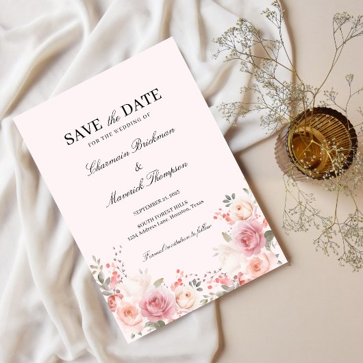 Elegant Floral Blush Pink Wedding Save The Date