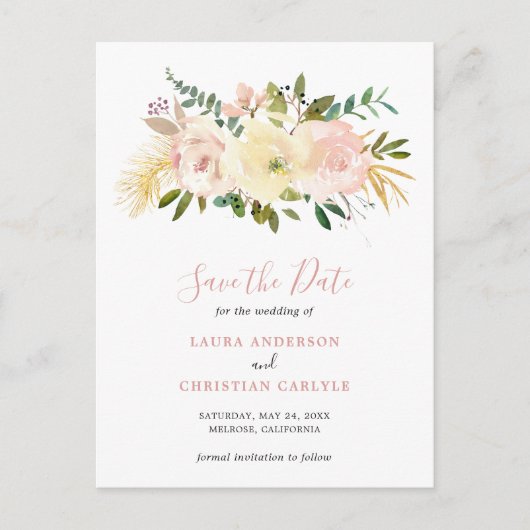 Elegant Floral Blush Pink Wedding Save the Date Aankondigingskaart (Voorkant)