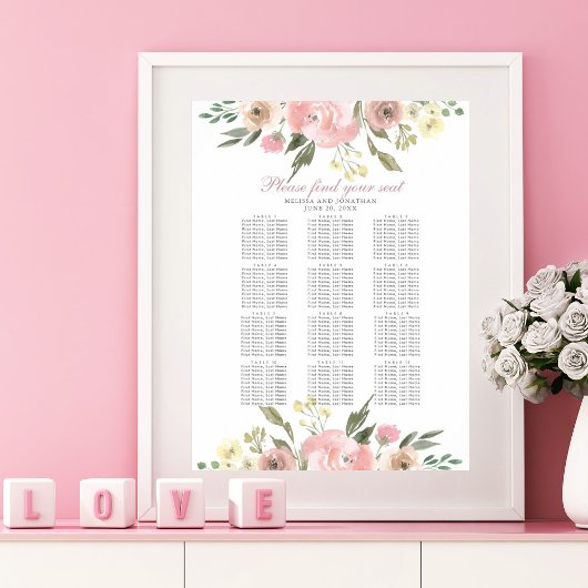 Elegant Floral Blush Pink Wedding Seating Chart Poster
